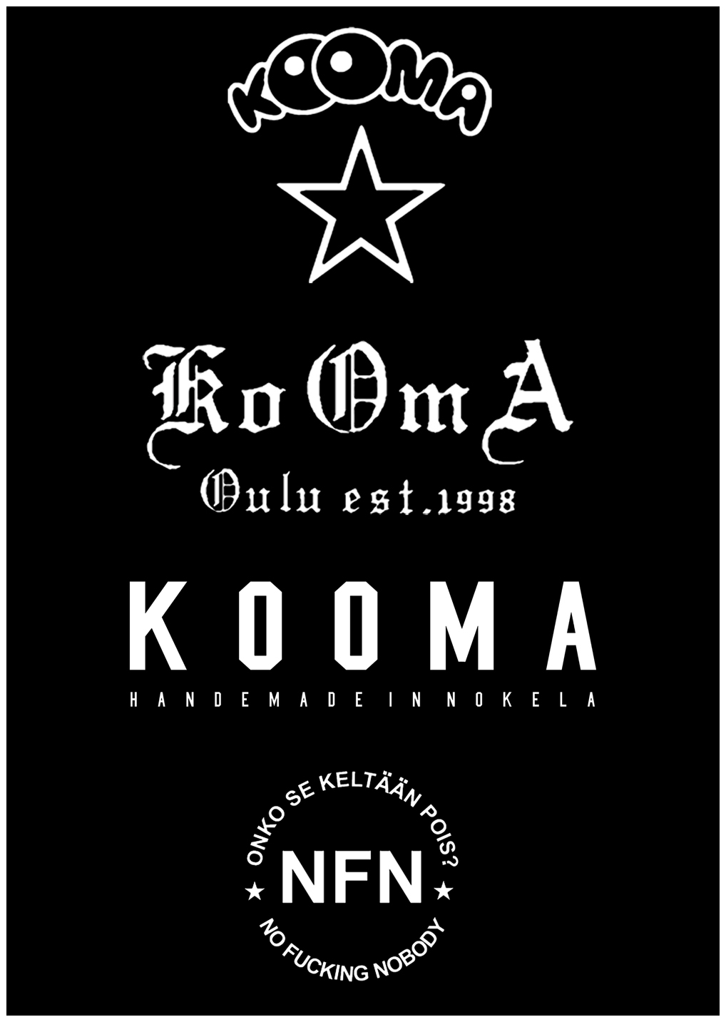 kooma printit:<br>- <br> chubby<br>- <br> gootialainen<br>- <br> KOOMA<br>handemade in Nokela<br>- <br> NFN